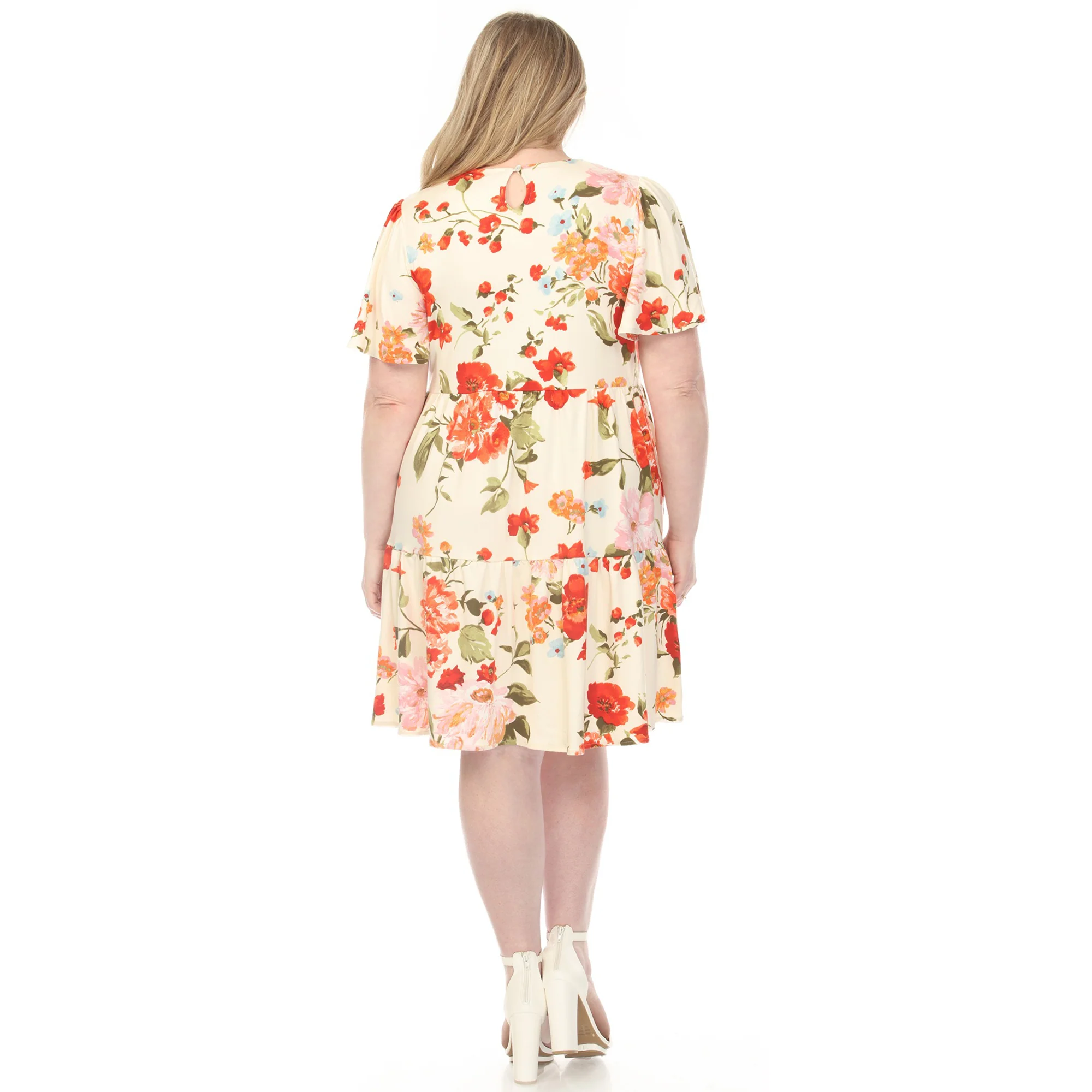Women's  V-Neck Tropical Flower Short Sleeve Dress - Ivory - Plus - Image 3