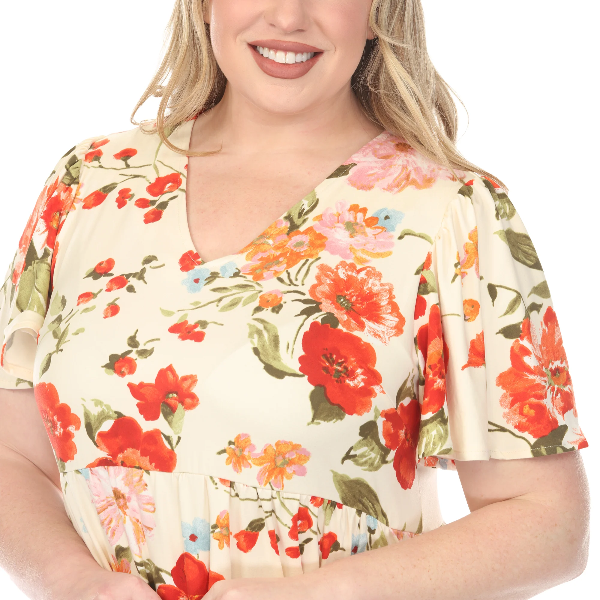 Women's  V-Neck Tropical Flower Short Sleeve Dress - Ivory - Plus - Image 4
