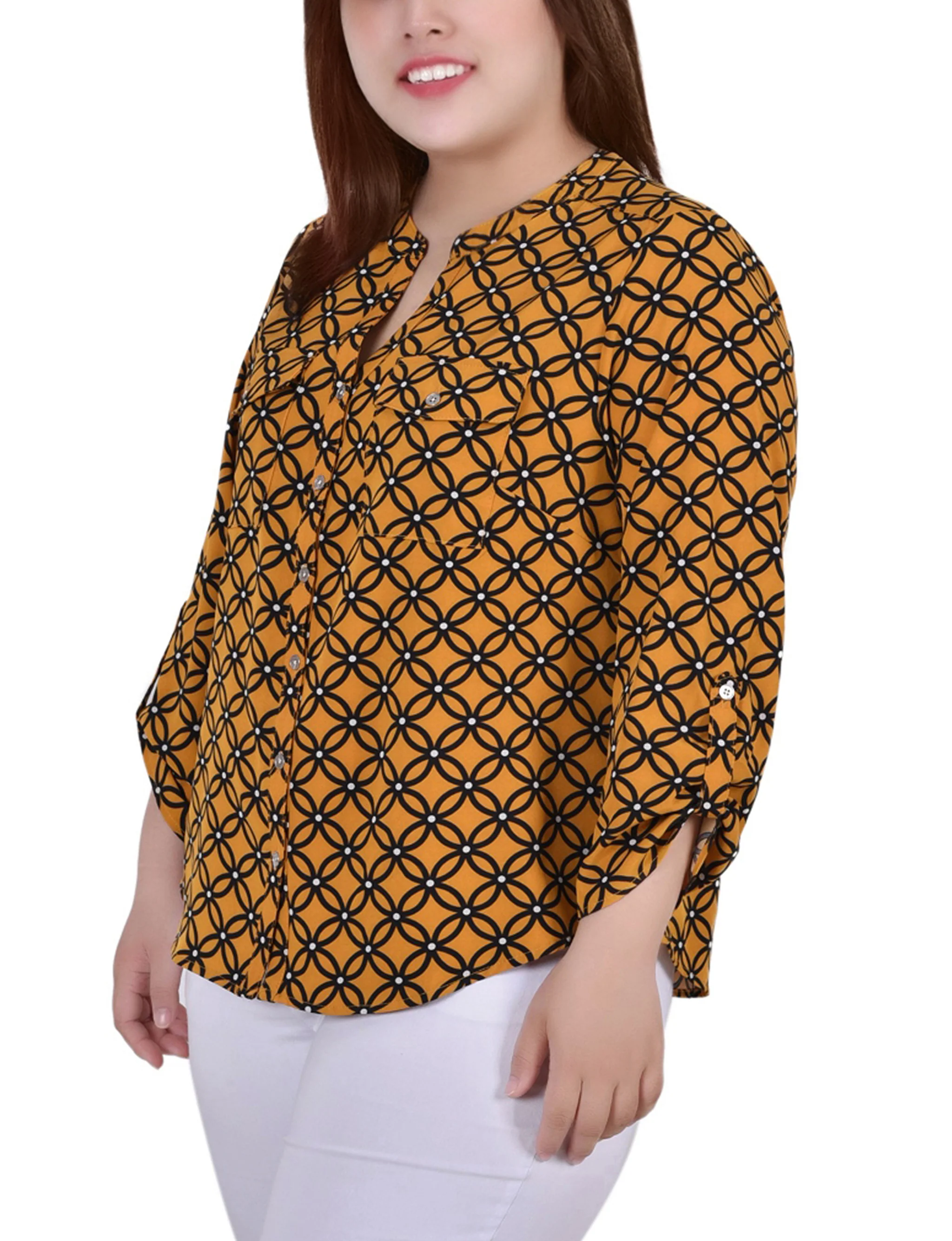 Yellow 3/4 Roll Tab Sleeve Mandarin Collar Blouse - Plus Size - Image 2