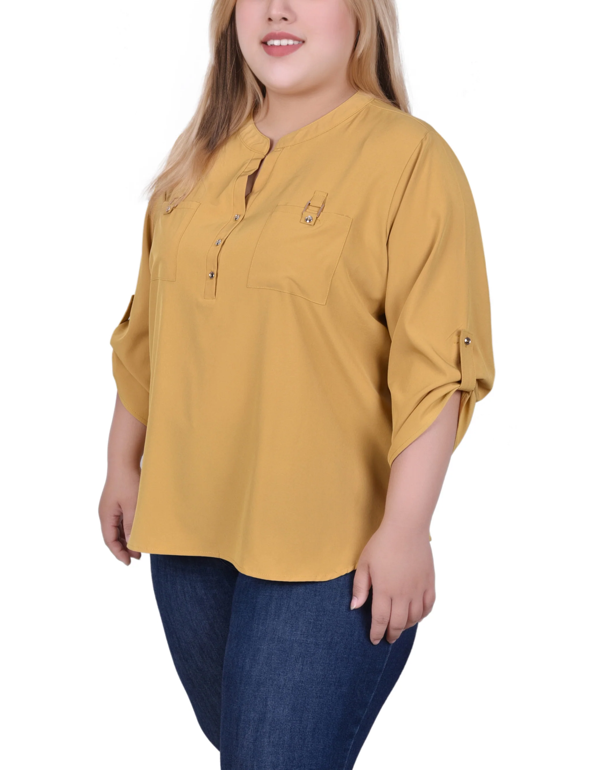 Yellow 3/4 Tabbed Sleeve Y Neck Blouse - Plus Size - Image 2