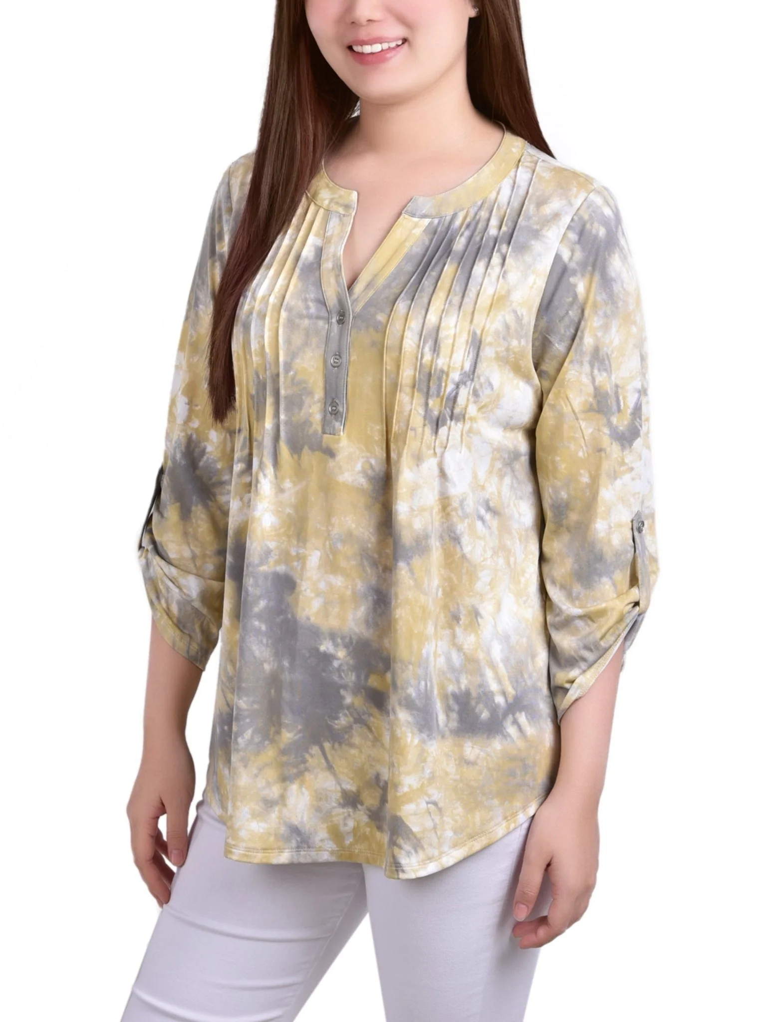 Yellow Tiedye 3/4 Bell Sleeve Pleat Front Y Neck Top - Petite - Image 2