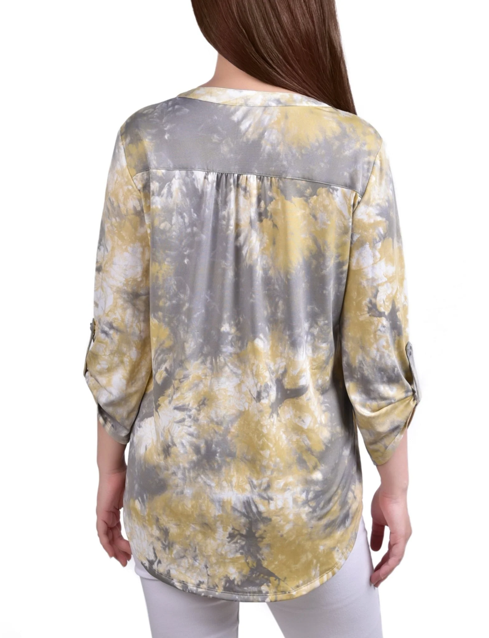 Yellow Tiedye 3/4 Bell Sleeve Pleat Front Y Neck Top - Petite - Image 4
