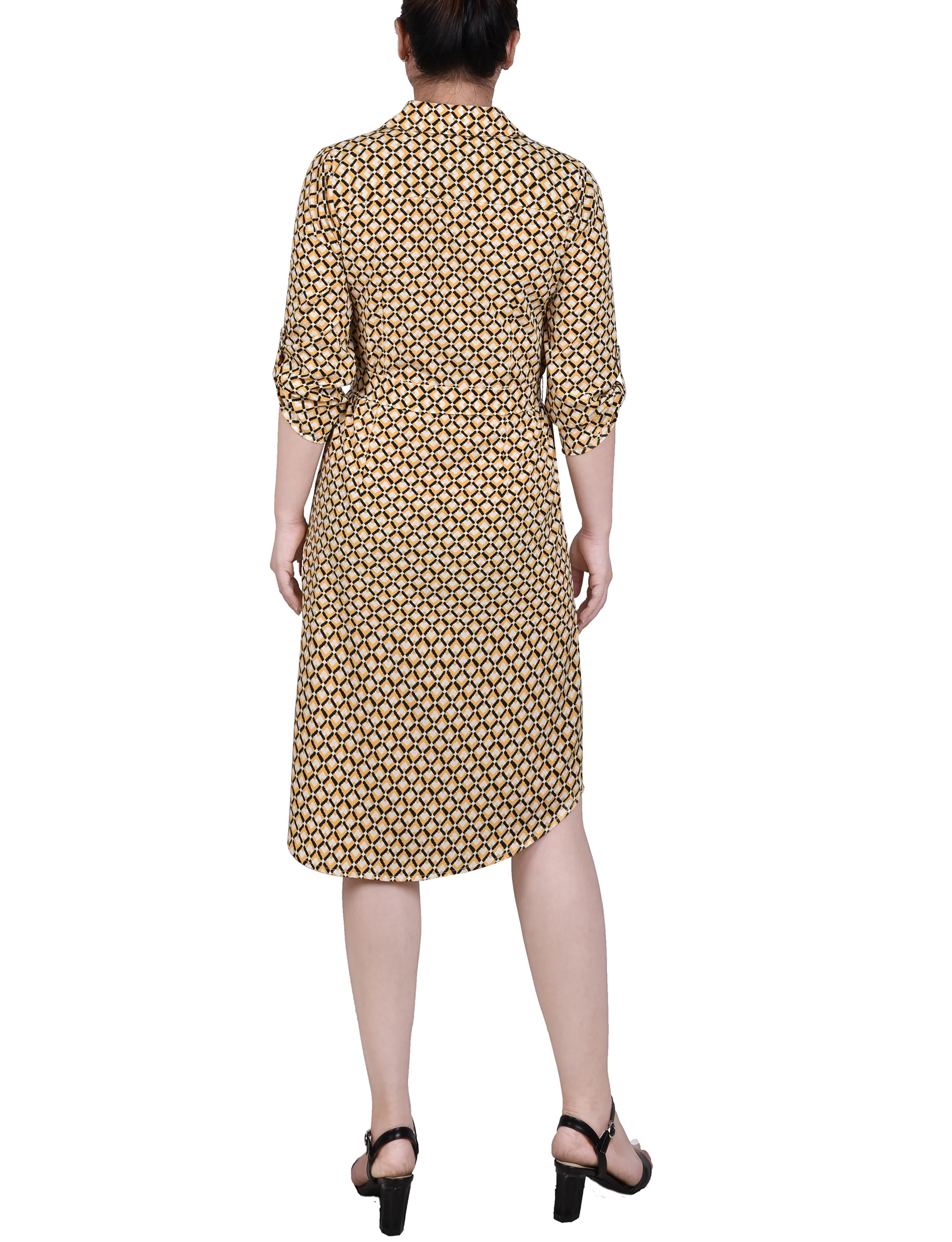 Yellow White Black Diamond 3/4 Roll Tab Sleeve Zippered Shirtdress - Image 3