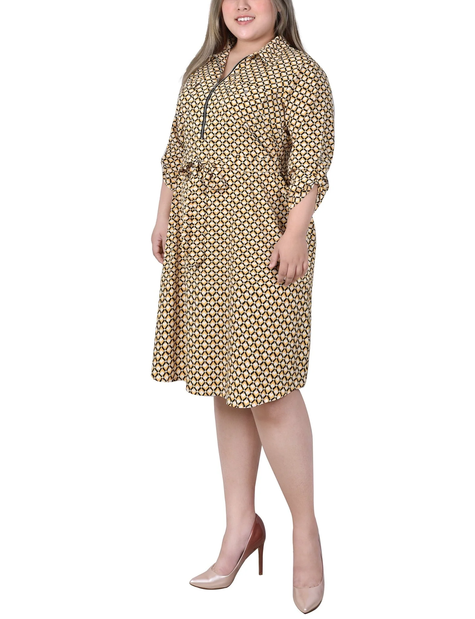 Yellow White Black Diamond 3/4 Roll Tab Sleeve Zippered Shirtdress - Plus - Image 2